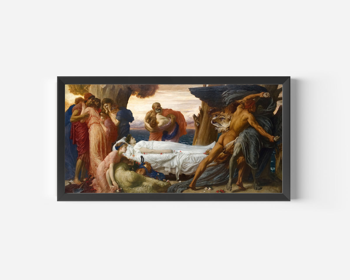 Framed art print of Hercules Wrestling with Death for the Body of Alcestis by Frederic Leighton, in a wide black frame on a plain white wall