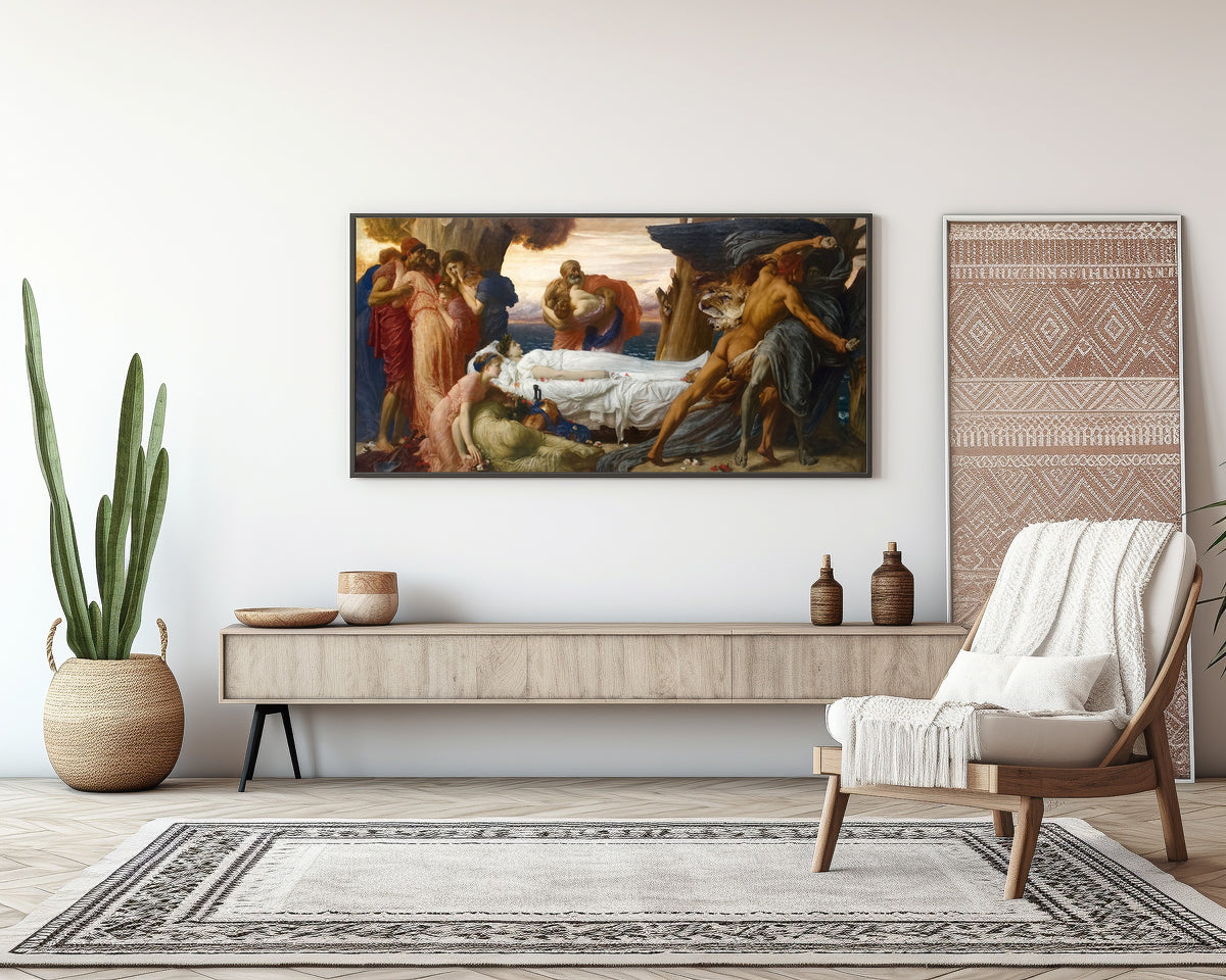 Framed art print of Hercules Wrestling with Death for the Body of Alcestis by Frederic Leighton, above a sideboard in a living room