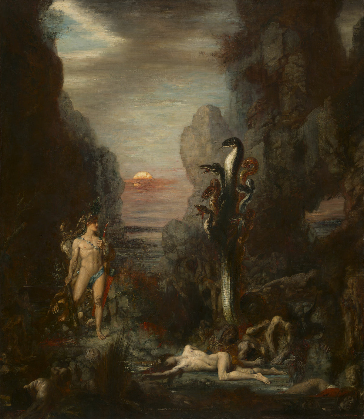 Hercules and the Lernaean Hydra by Gustave Moreau — A young hero faces a many-headed serpent over a heap of fallen bodies