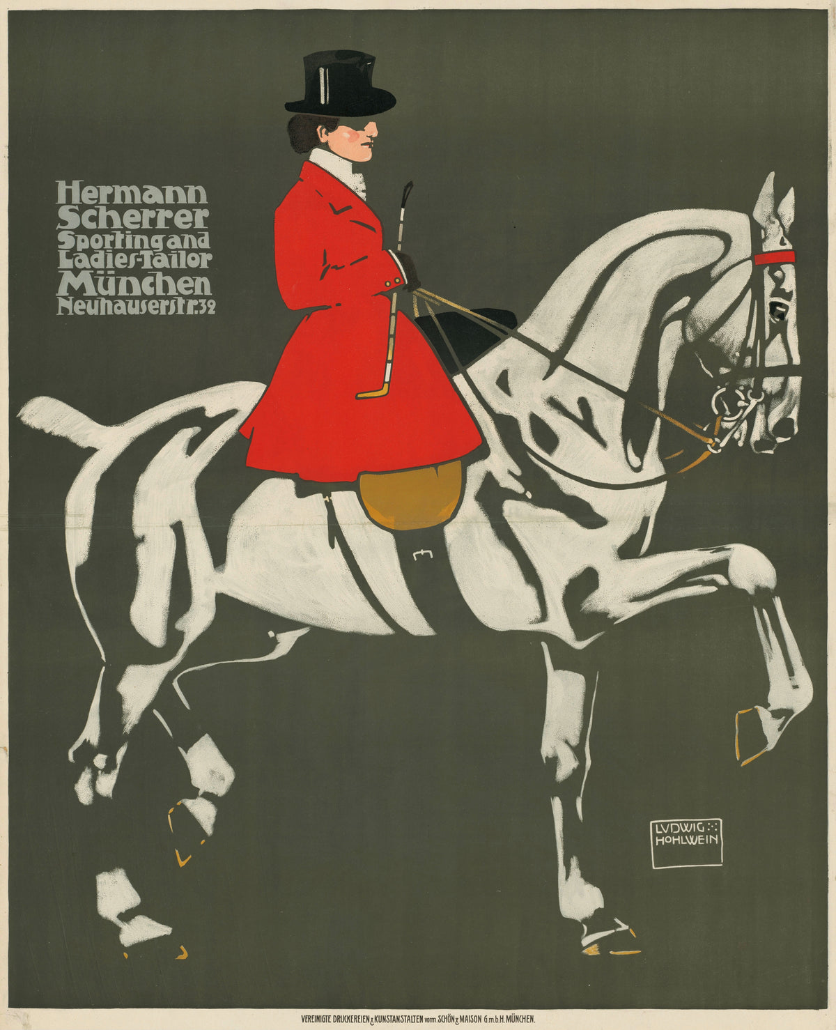 Hermann Scherrer: Sporting and Ladies-Tailor, München by Ludwig Hohlwein — A rider in a red coat and top hat on a prancing white horse