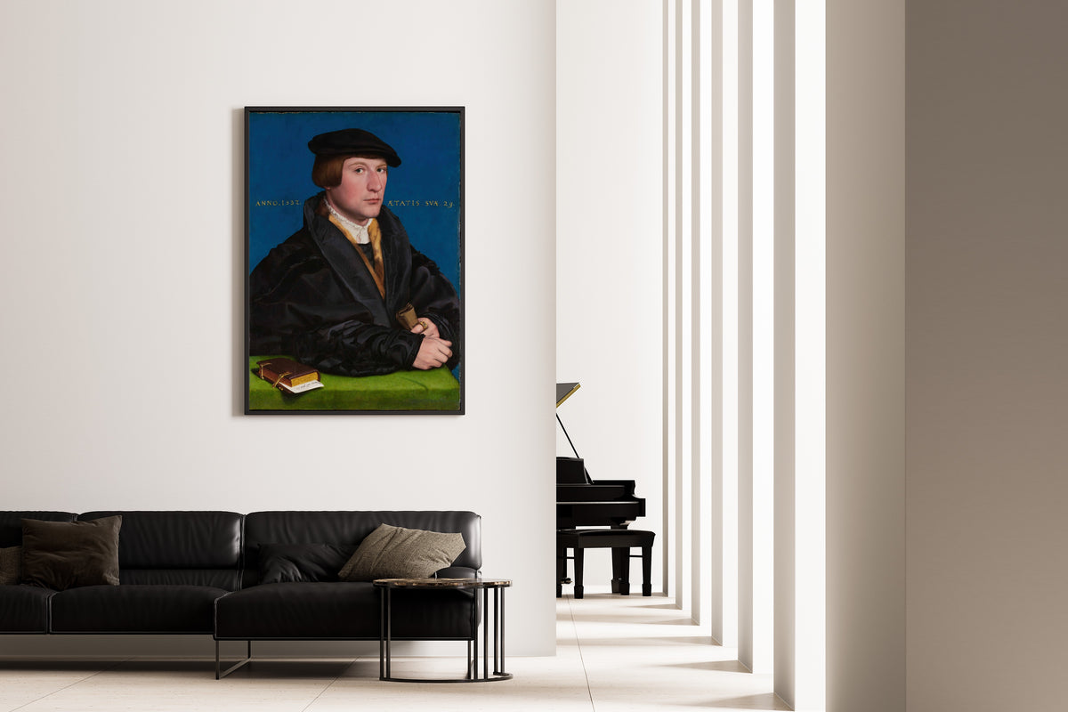 Framed art print of Hermann von Wedigh III by Hans Holbein the Younger, on the wall of a minimal living room