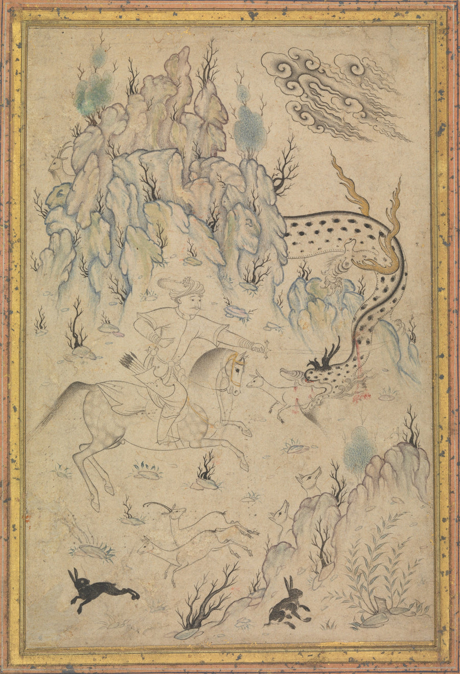 Hero and Dragon | Persian Drawing Art Print shown to scale on a wall above a sofa