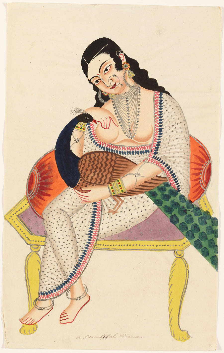 Kalighat painter — Heroine with Peacock | Kalighat Painting Print shown to scale on a wall above a sofa