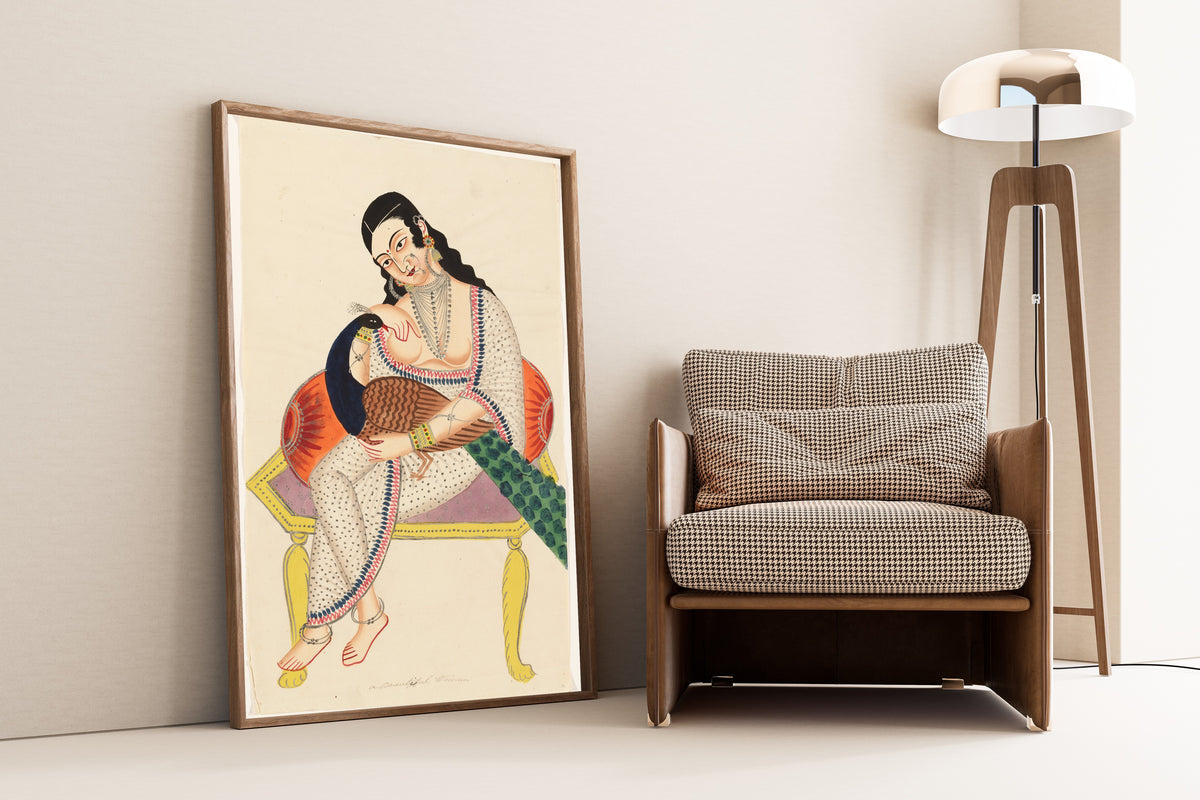 Kalighat painter — Heroine with Peacock | Kalighat Painting Print