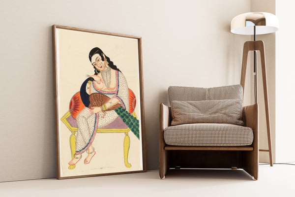 Kalighat painter — Heroine with Peacock | Kalighat Painting Print