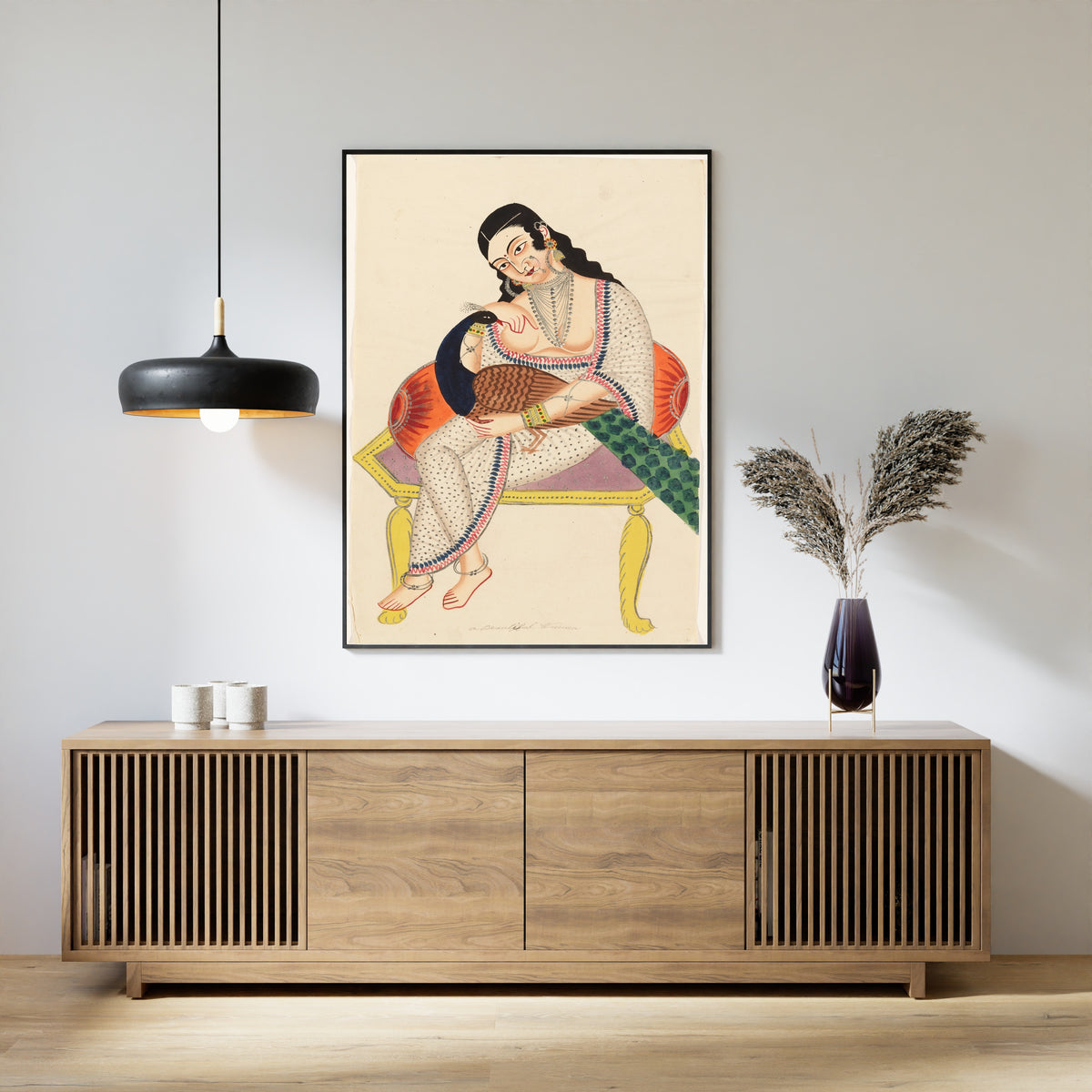 Kalighat painter — Heroine with Peacock | Kalighat Painting Print