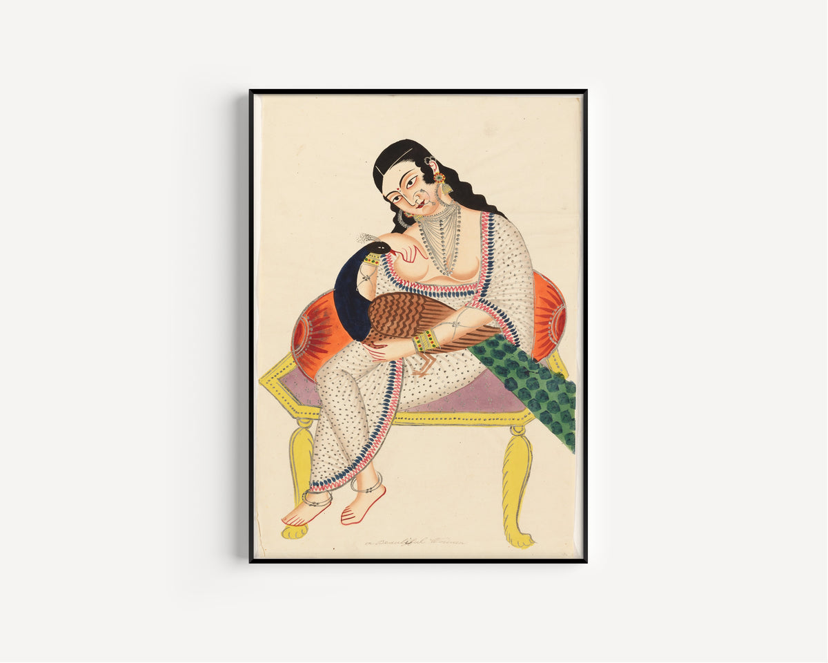 Kalighat painter — Heroine with Peacock | Kalighat Painting Print