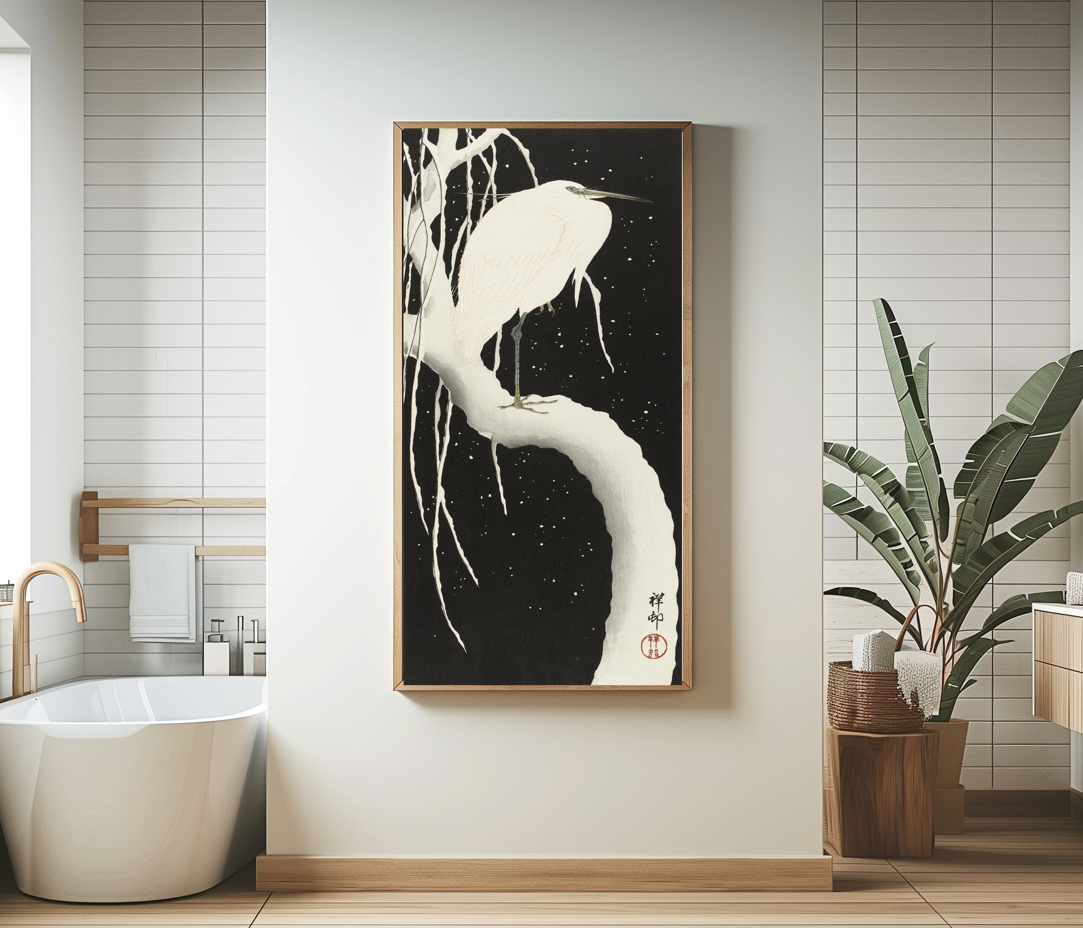 Ohara Koson — Heron in Snow (Willow at Night) | Japanese Bird & Flower Woodblock Print