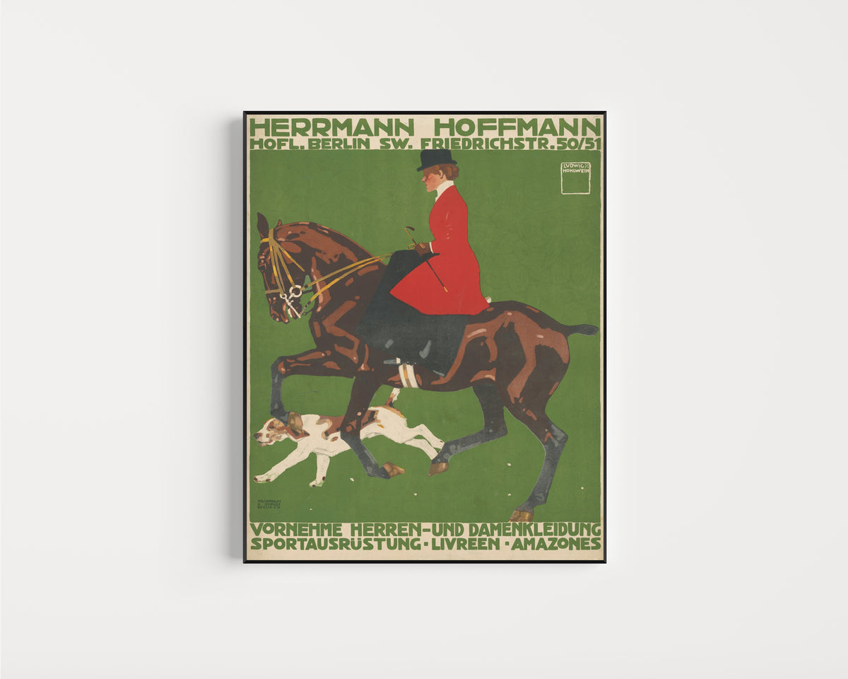 Framed art print of Herrmann Hoffmann: Vornehme Herren- und Damenkleidung by Ludwig Hohlwein, in a slim black frame on a plain white wall