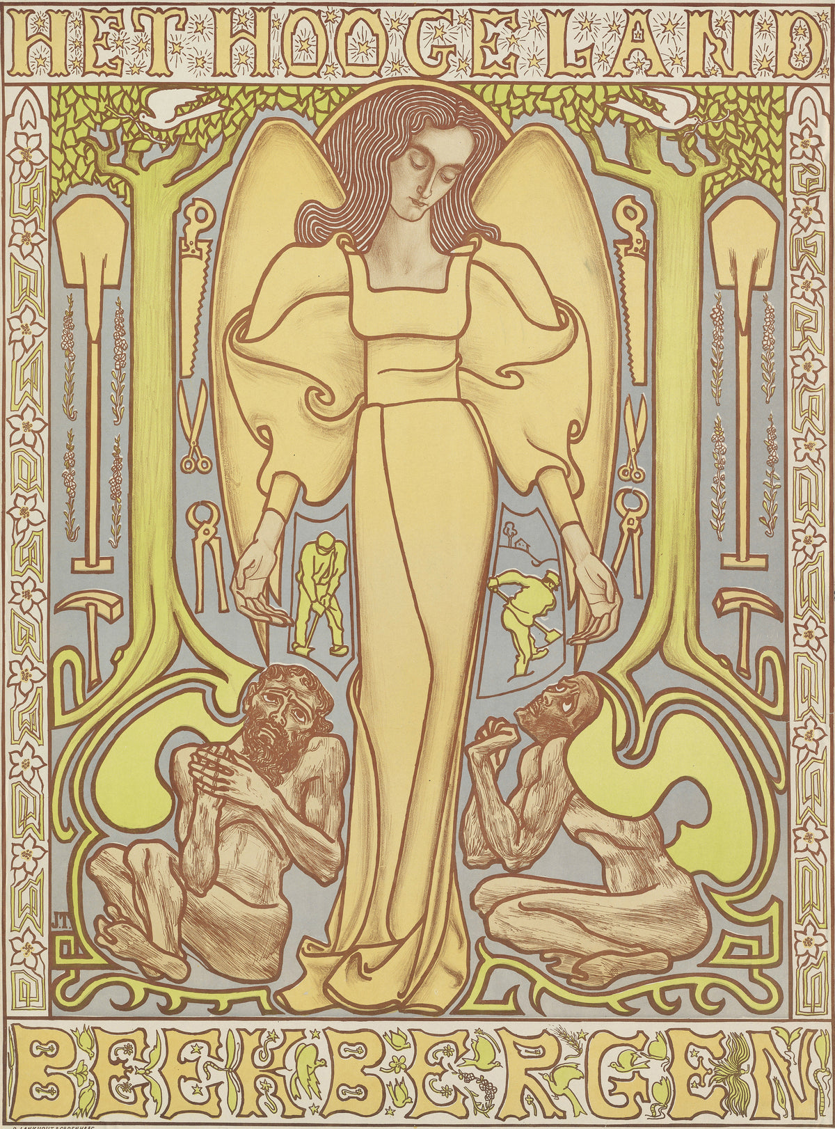 Het Hooge Land. Beekbergen by Jan Toorop — A winged woman in yellow looks down on two seated men