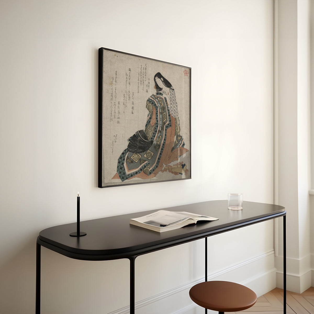 Framed art print of Hiōgi by Katsushika Hokusai, above a slim black console table