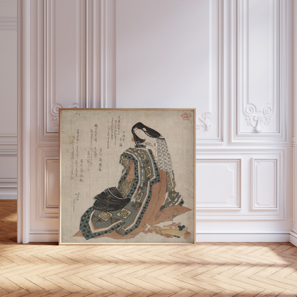 Framed art print of Hiōgi by Katsushika Hokusai, leaning against pale pink panelling on a herringbone floor