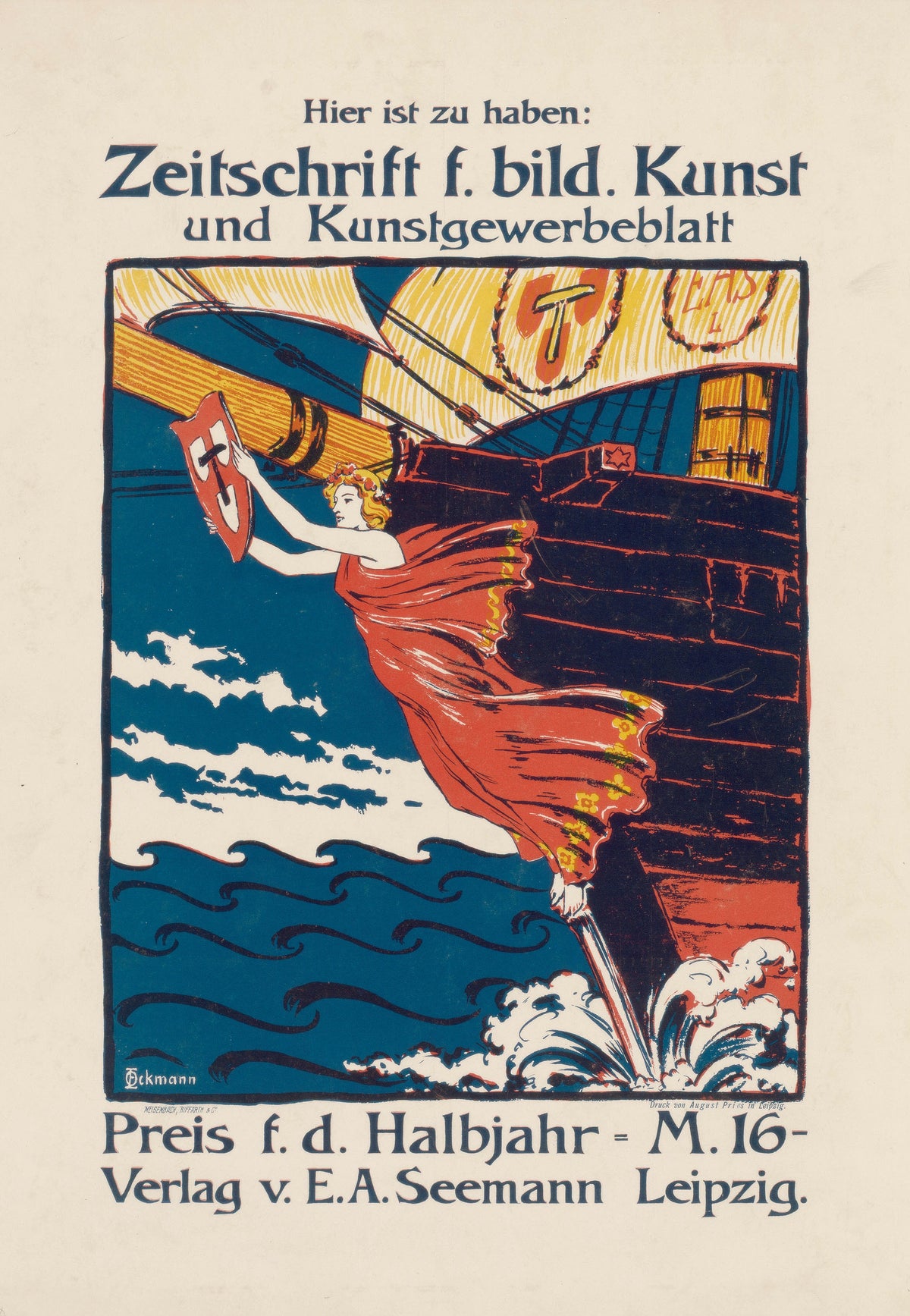 Hier zu haben: Zeitschrift für bildende Kunst und Kunstgewerbeblatt by Otto Eckmann — A woman figurehead lunges from a ship's bow with a red shield