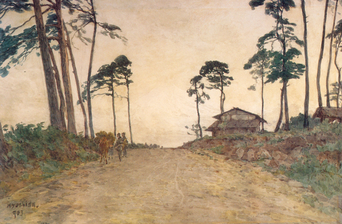 Highway by Hiroshi Yoshida — A broad road lined with tall pines and a few travellers