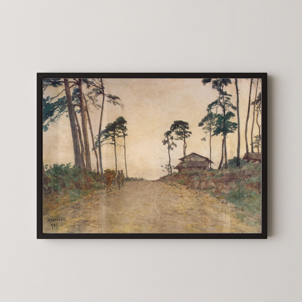 Framed art print of Highway by Hiroshi Yoshida, in a black frame on a pale wall