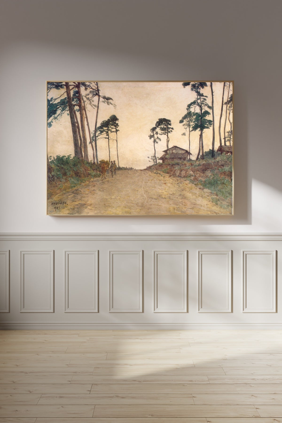 Framed art print of Highway by Hiroshi Yoshida, on a panelled wall in afternoon light