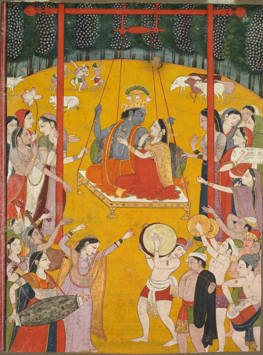 Pahari school — Hindola Raga | Indian Miniature Painting Print shown to scale on a wall above a sofa