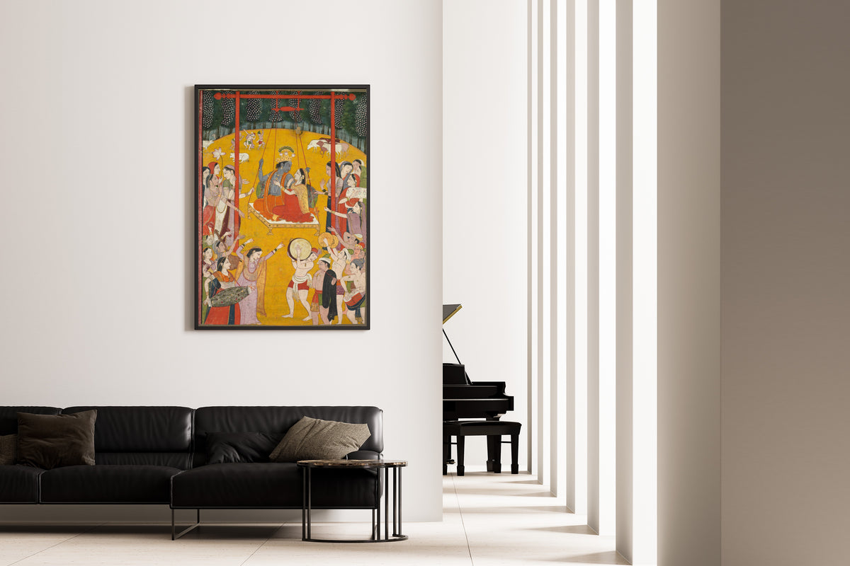 Framed art print of Hindola Raga by Pahari school, on the wall of a minimal living room