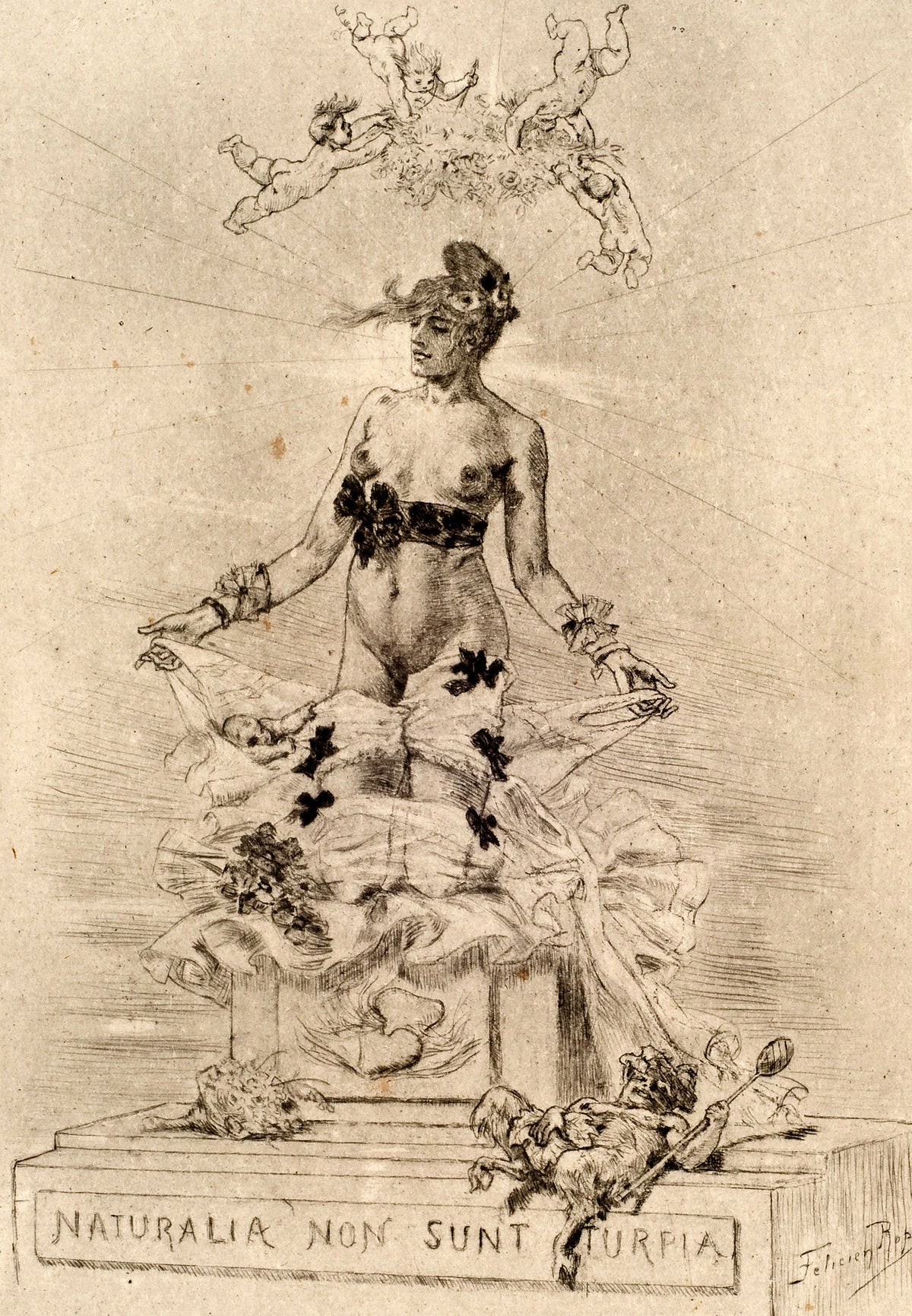 Holocauste, Naturalia Non Sunt Turpia by Félicien Rops — A garlanded woman rises from an altar of skirts as putti scatter roses