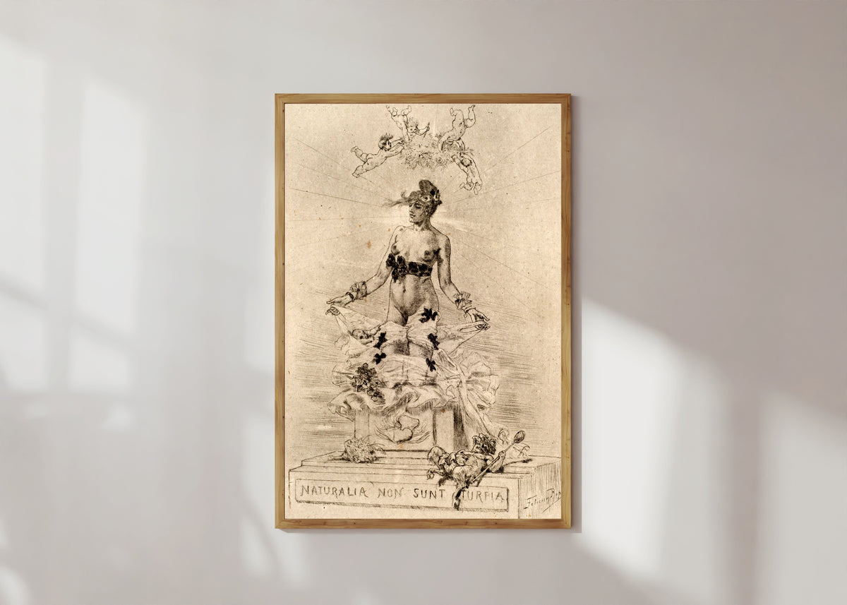 Framed art print of Holocauste, Naturalia Non Sunt Turpia by Félicien Rops, in a light wood frame on a sunlit white wall