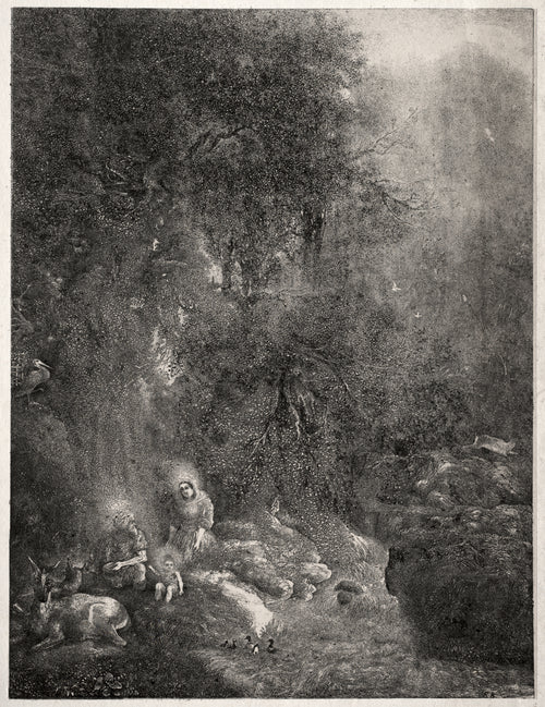 Holy Family with Deer by Rodolphe Bresdin — The haloed Holy Family rests with deer in a glittering forest
