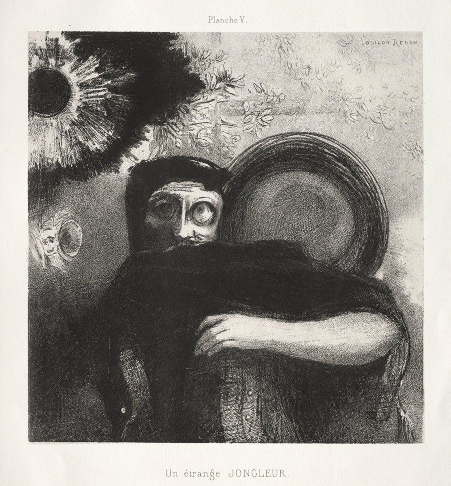 Odilon Redon — Homage to Goya: A Strange Juggler | Symbolist Art Print shown to scale on a wall above a sofa