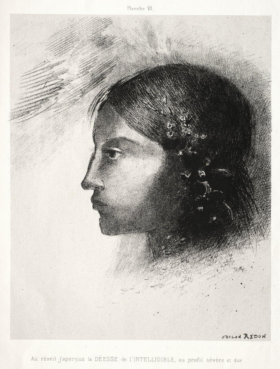 Odilon Redon — Homage to Goya: Upon Awakening I Saw the Goddess of the Intelligible | Symbolist Art Print shown to scale on a wall above a sofa