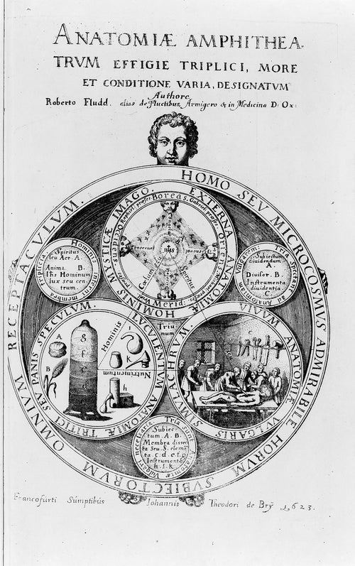 Homo seu Microcosmus: Title Plate of Anatomiae Amphitheatrum by Robert Fludd — A youth's head over a great wheel of anatomy, winds and dissection