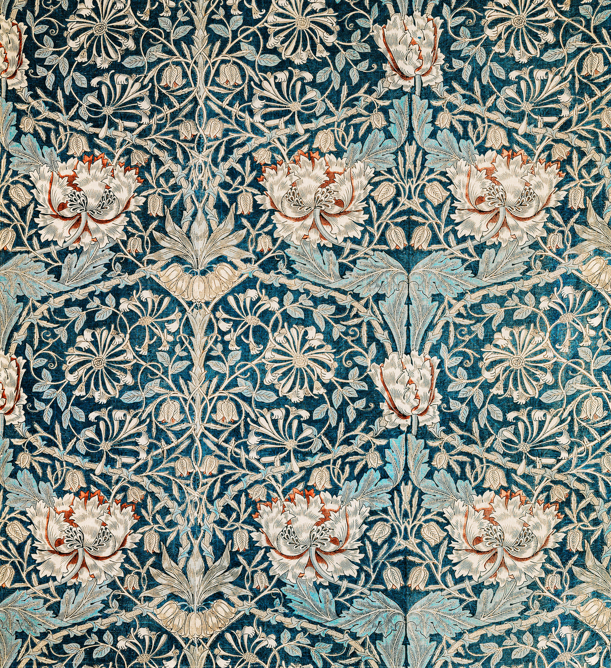Honeysuckle (Blue Linen) by William Morris — Cream and red-tipped blooms in a net of pale vines on deep blue
