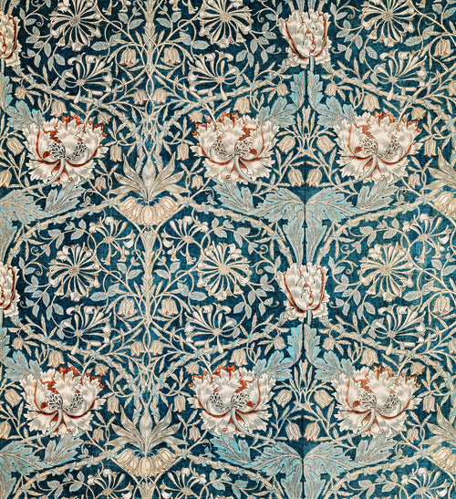 Honeysuckle (Blue Linen) by William Morris — Cream and red-tipped blooms in a net of pale vines on deep blue