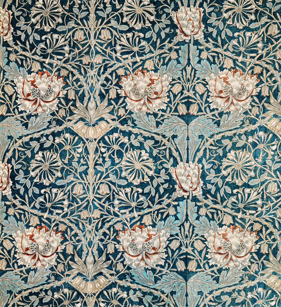 William Morris — Honeysuckle (Blue Linen) | Botanical Art Print shown to scale on a wall above a sofa