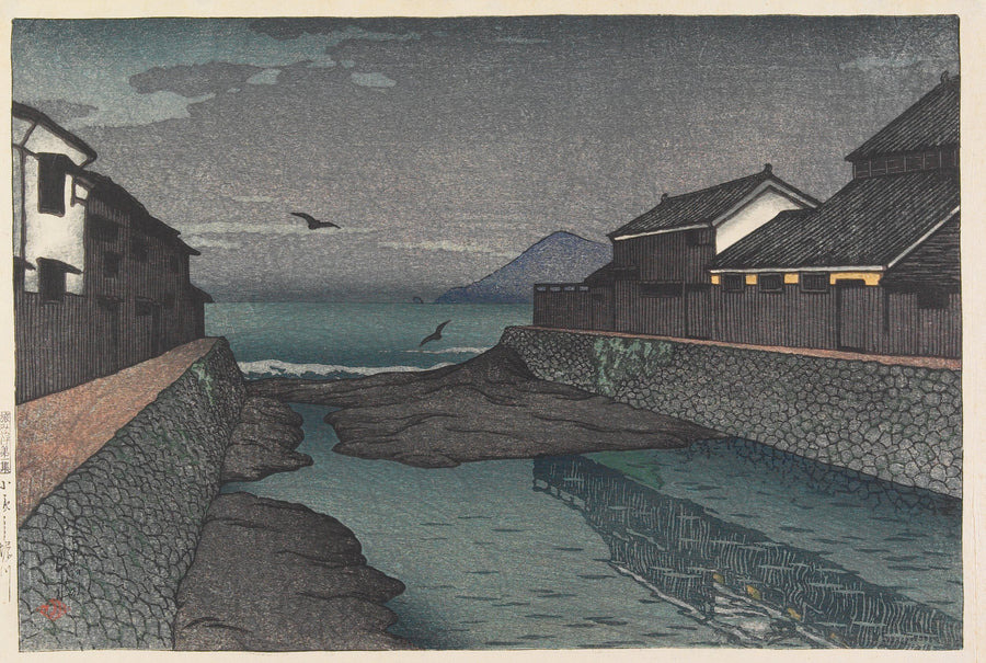Kawase Hasui — Hori River, Obama | Japanese Woodblock Print (Shin Hanga) shown to scale on a wall above a sofa