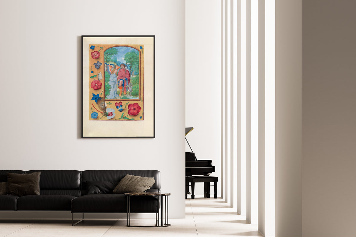 Framed art print of Hours of Queen Isabella the Catholic: Saint Roch by Master of the First Prayerbook of Maximilian, on the wall of a minimal living room