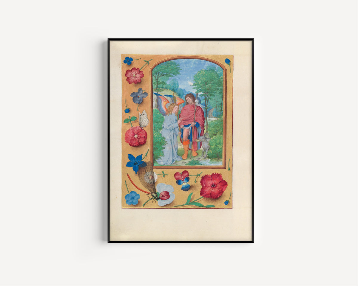 Framed art print of Hours of Queen Isabella the Catholic: Saint… by Master of the First Prayerbook of Maximilian, in a slim black frame on a plain white wall