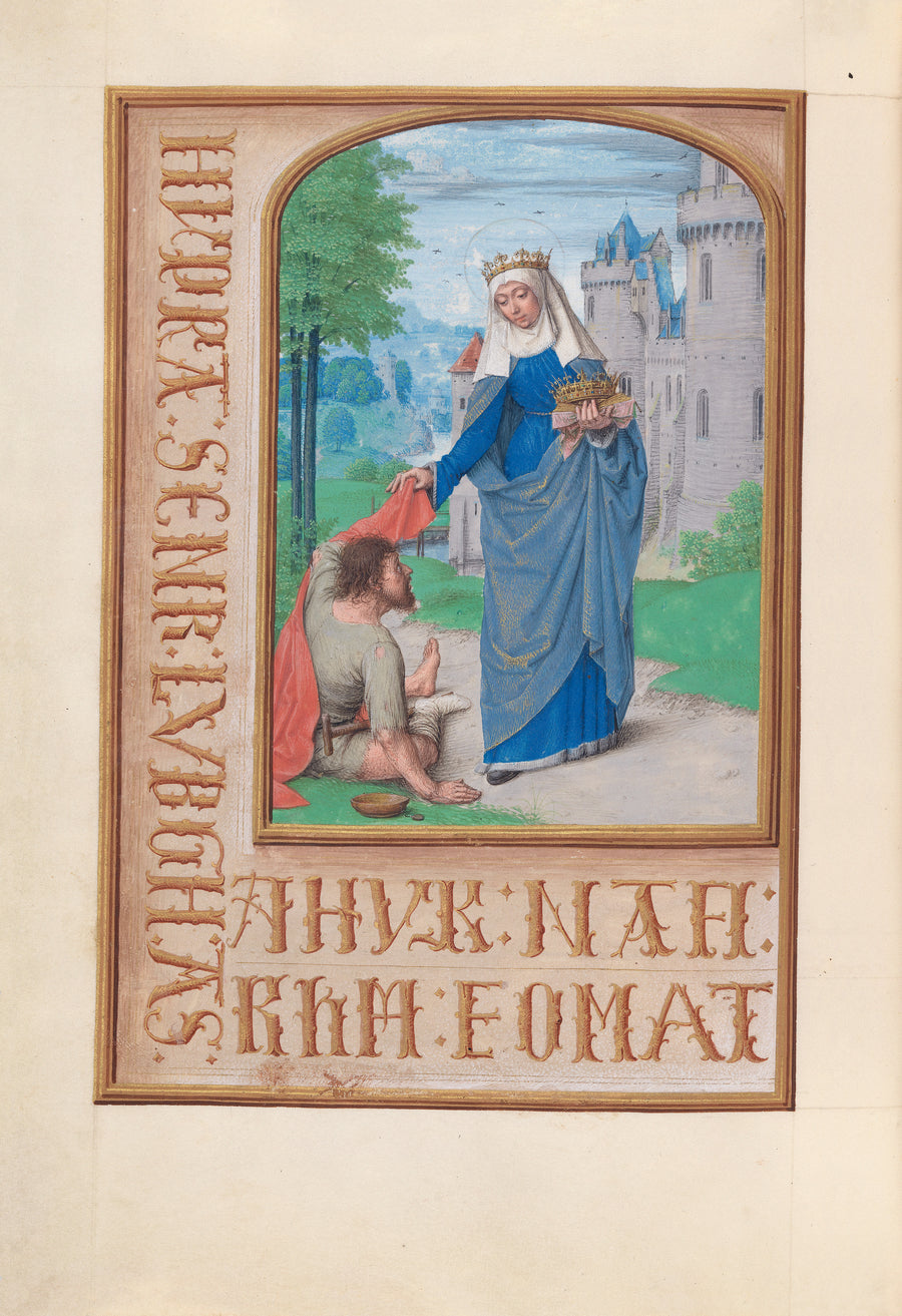 Master of the First Prayerbook of Maximilian — Hours of Queen Isabella the Catholic: St. Elizabeth of Hungary Clothing the Poor | Illuminated Manuscript Print shown to scale on a wall above a sofa