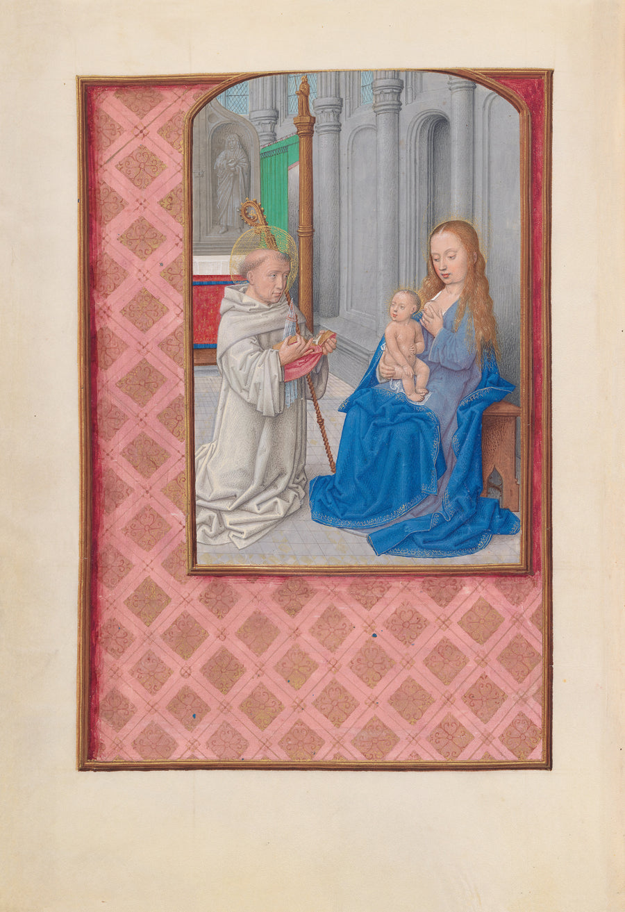 Master of the First Prayerbook of Maximilian — Hours of Queen Isabella the Catholic: Vision of Saint Bernard | Illuminated Manuscript Print shown to scale on a wall above a sofa