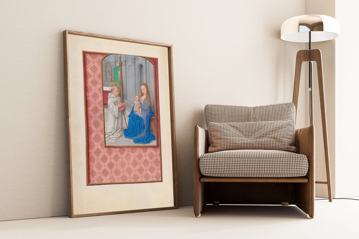 Framed art print of Hours of Queen Isabella the… by Master of the First Prayerbook of Maximilian, leaning against a wall beside an armchair and a floor lamp