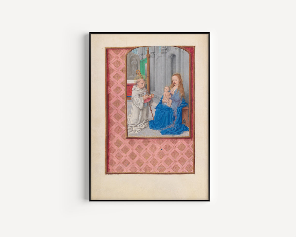 Framed art print of Hours of Queen Isabella the Catholic: Vision… by Master of the First Prayerbook of Maximilian, in a slim black frame on a plain white wall