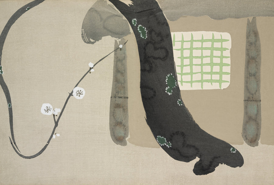 Kamisaka Sekka — House, from Momoyogusa | Japanese Woodblock Print shown to scale on a wall above a sofa