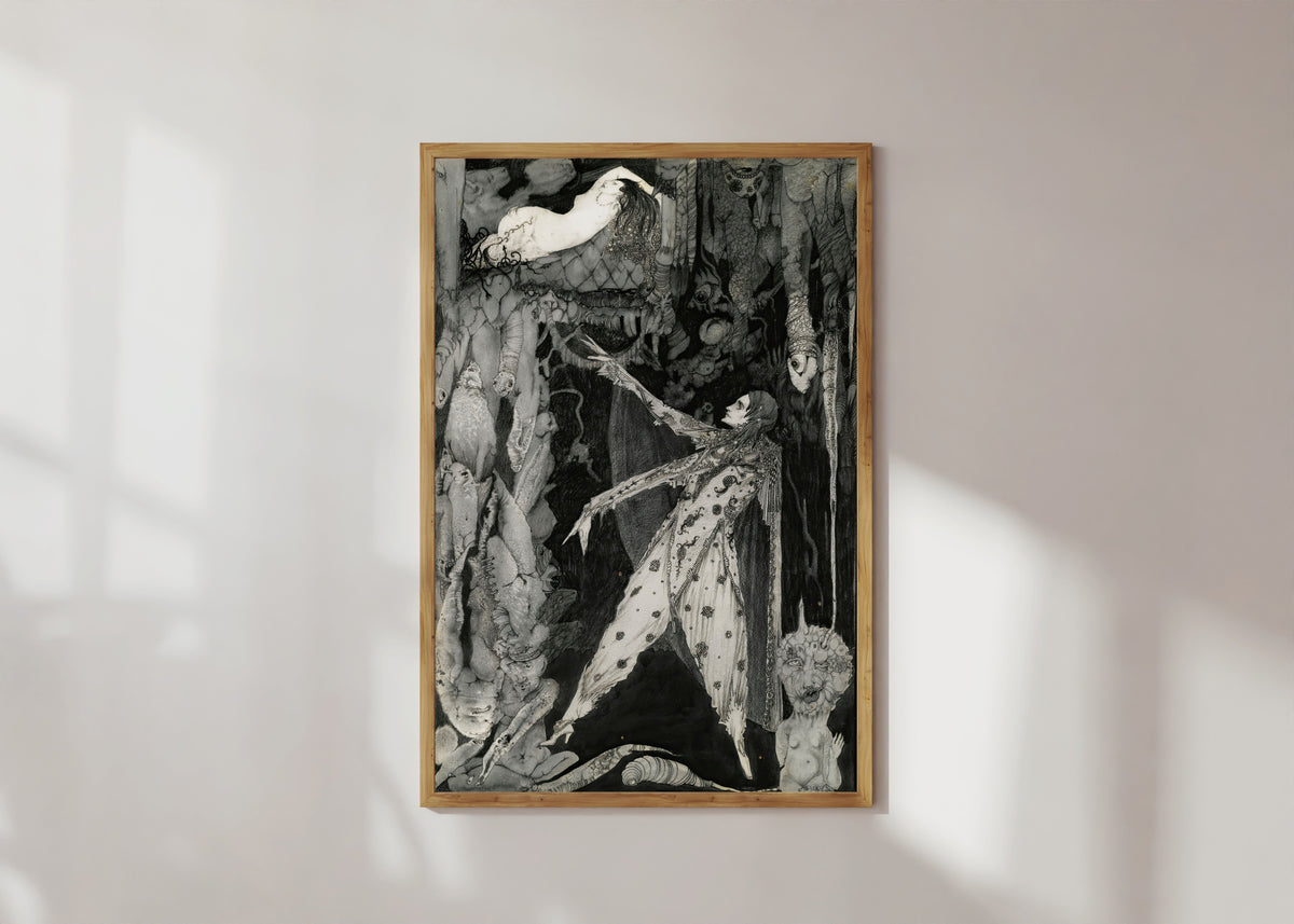 Framed art print of How Heavenly Fair by Harry Clarke, in a light wood frame on a sunlit white wall
