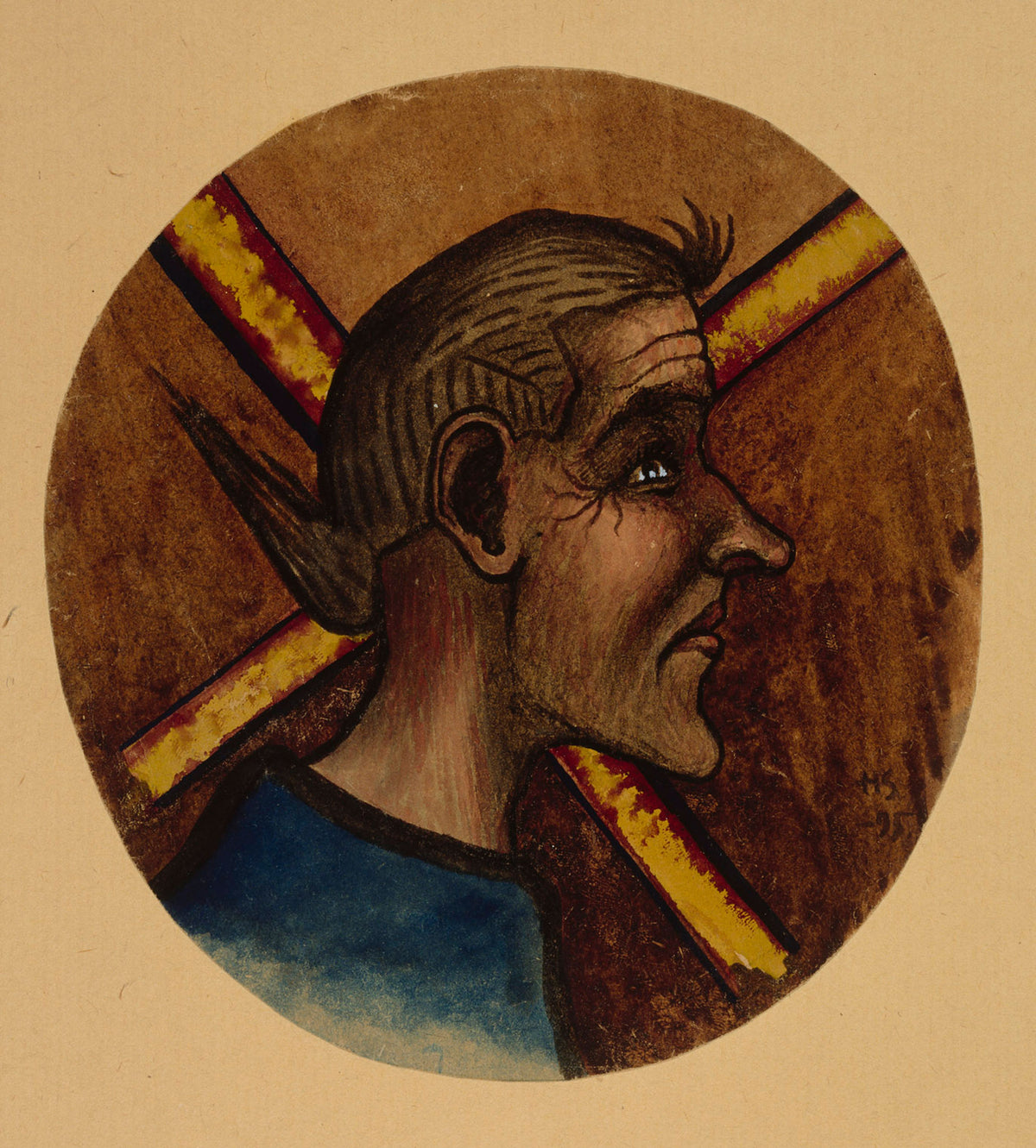 Hulluus by Hugo Simberg — A grey-haired man in profile stares ahead before a crossed yellow band
