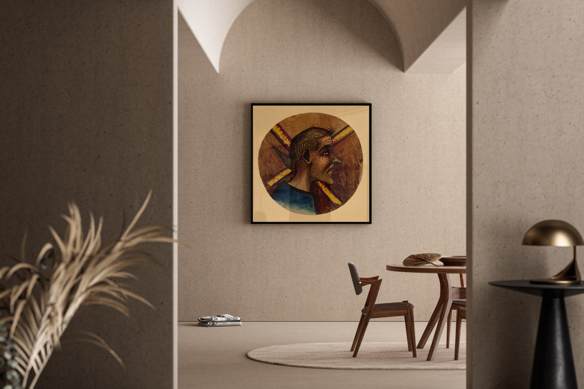 Framed art print of Hulluus by Hugo Simberg, in a sunlit dining corner