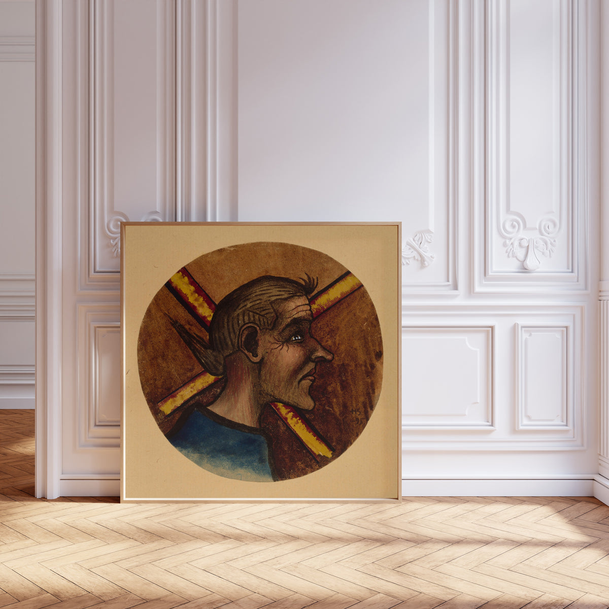 Framed art print of Hulluus by Hugo Simberg, leaning against pale pink panelling on a herringbone floor