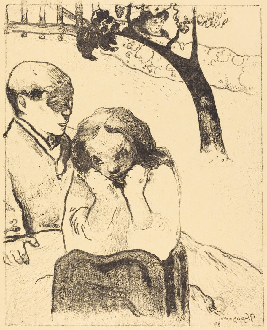 Paul Gauguin — Human Sorrow (Misères humaines) | Lithograph Print shown to scale on a wall above a sofa