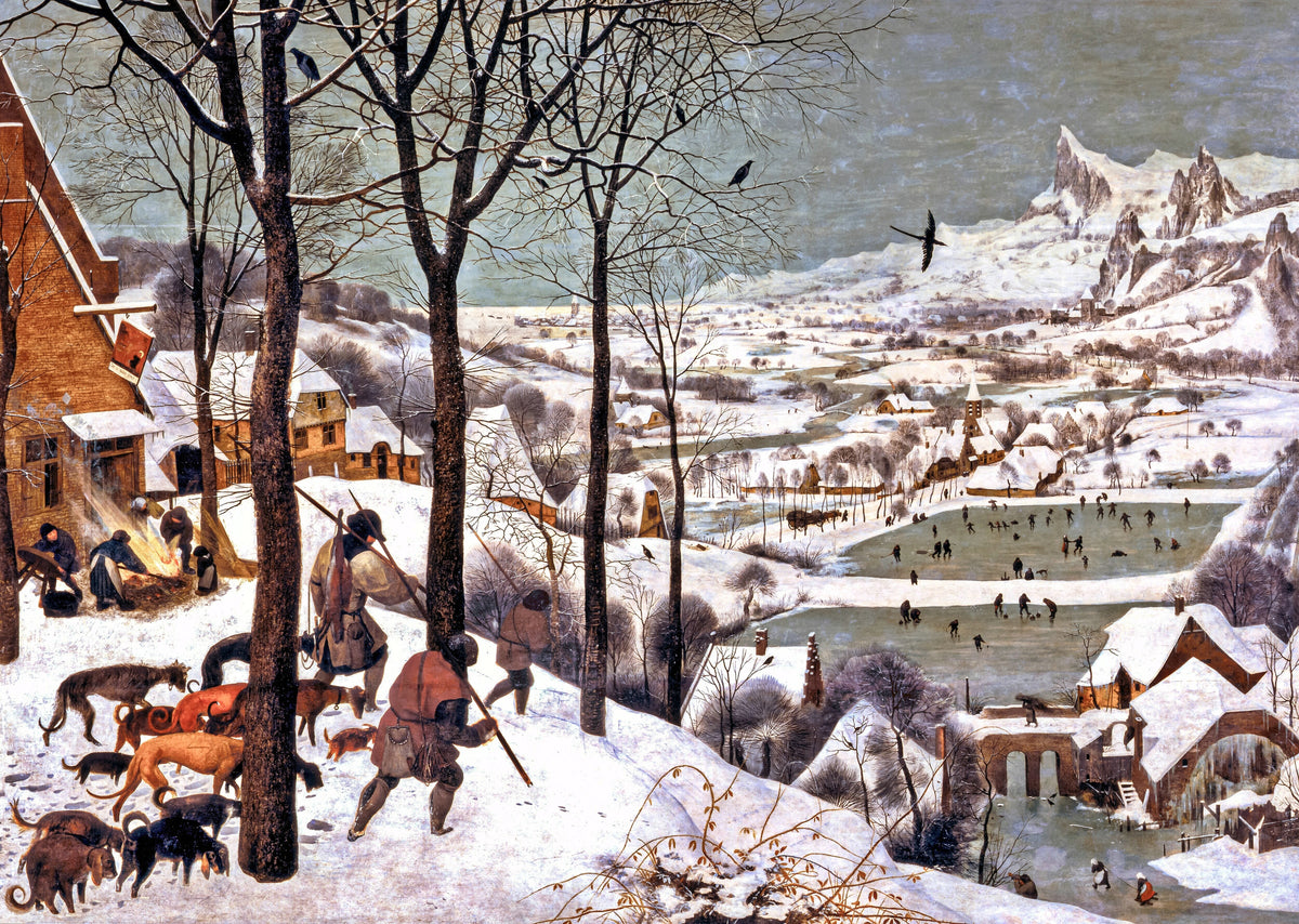 Hunters in the Snow (Winter) by Pieter Bruegel the Elder — Weary hunters and their dogs descend toward a frozen valley