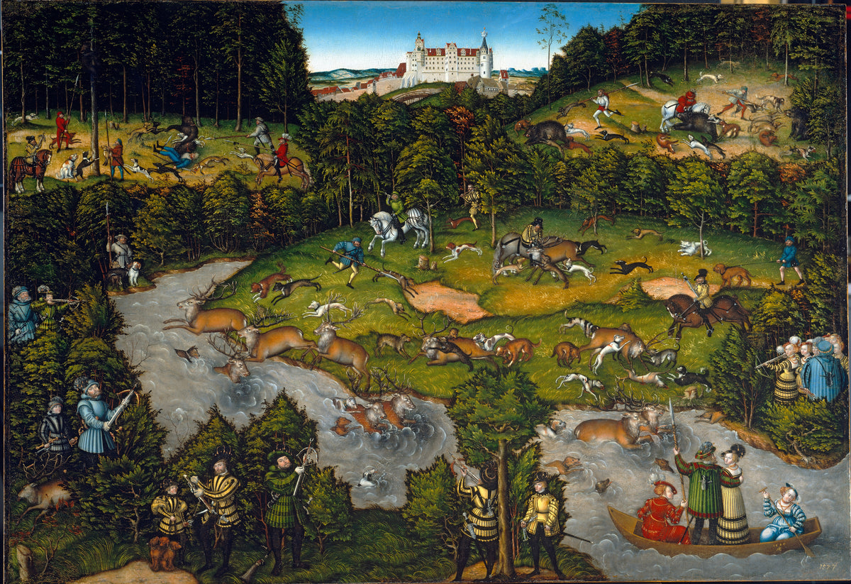 Hunting near Hartenfels Castle by Lucas Cranach the Elder — Hunters with crossbows drive stags across a river below a white castle