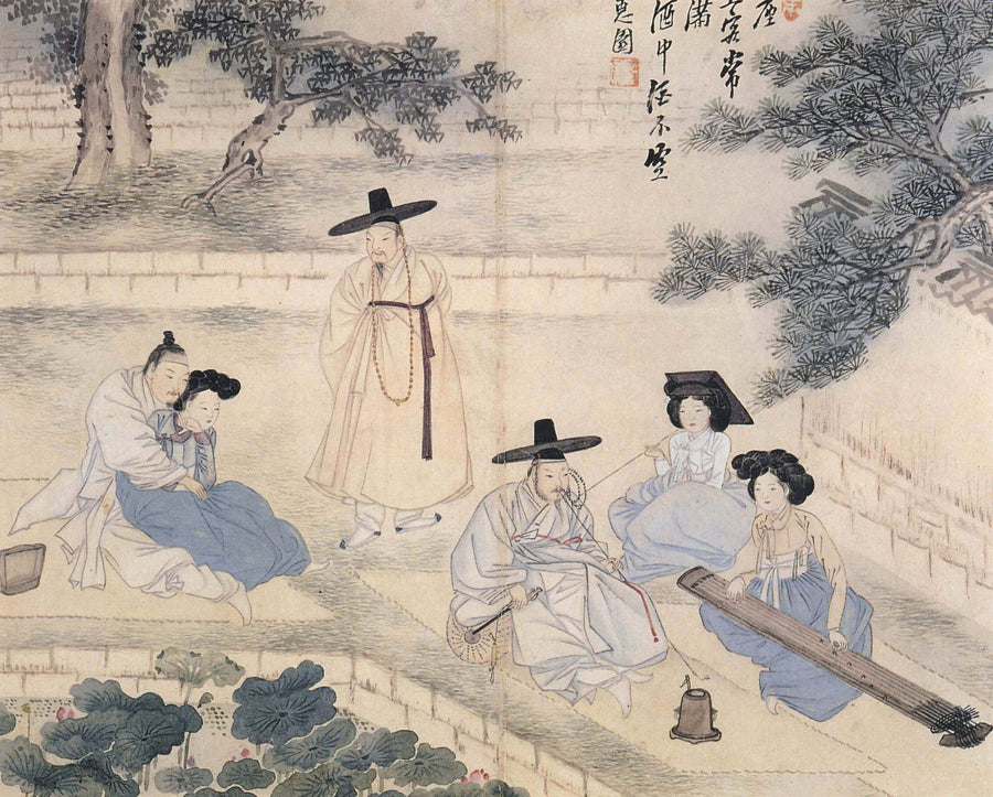 Sin Yun-bok (Hyewon) — Hyewon Genre Painting Album: Cheonggeumsangryeon (Resounding Geomungo, Praiseworthy Lotus) | Korean Painting Art Print shown to scale on a wall above a sofa
