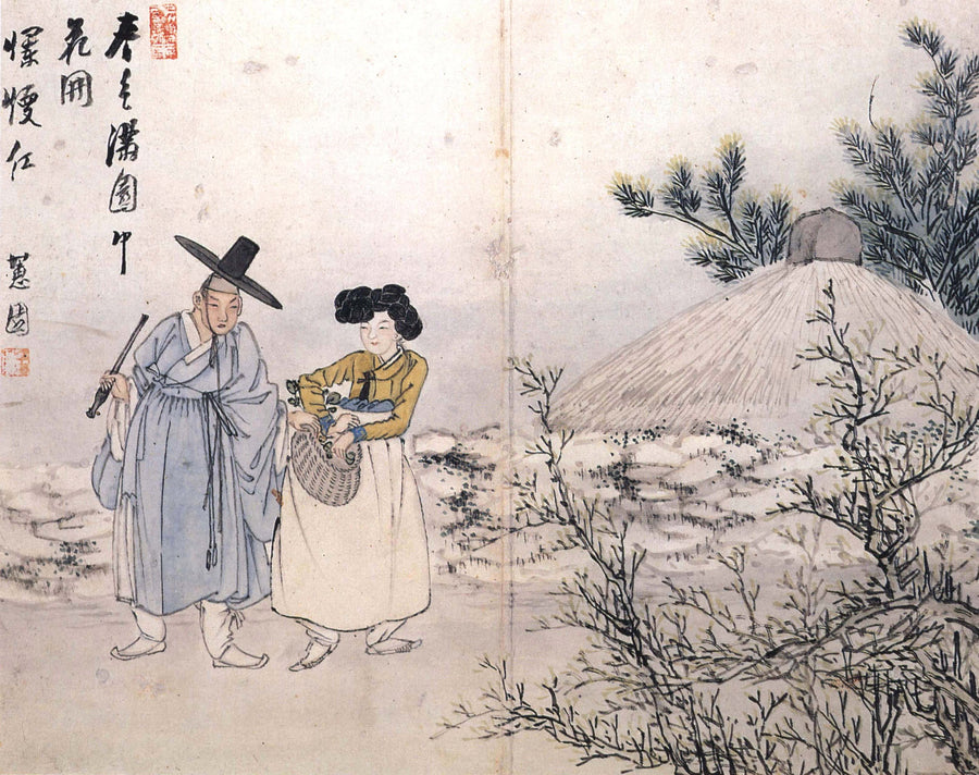 Sin Yun-bok (Hyewon) — Hyewon Genre Painting Album: Spring Mood Covers All the Places | Korean Painting Art Print shown to scale on a wall above a sofa
