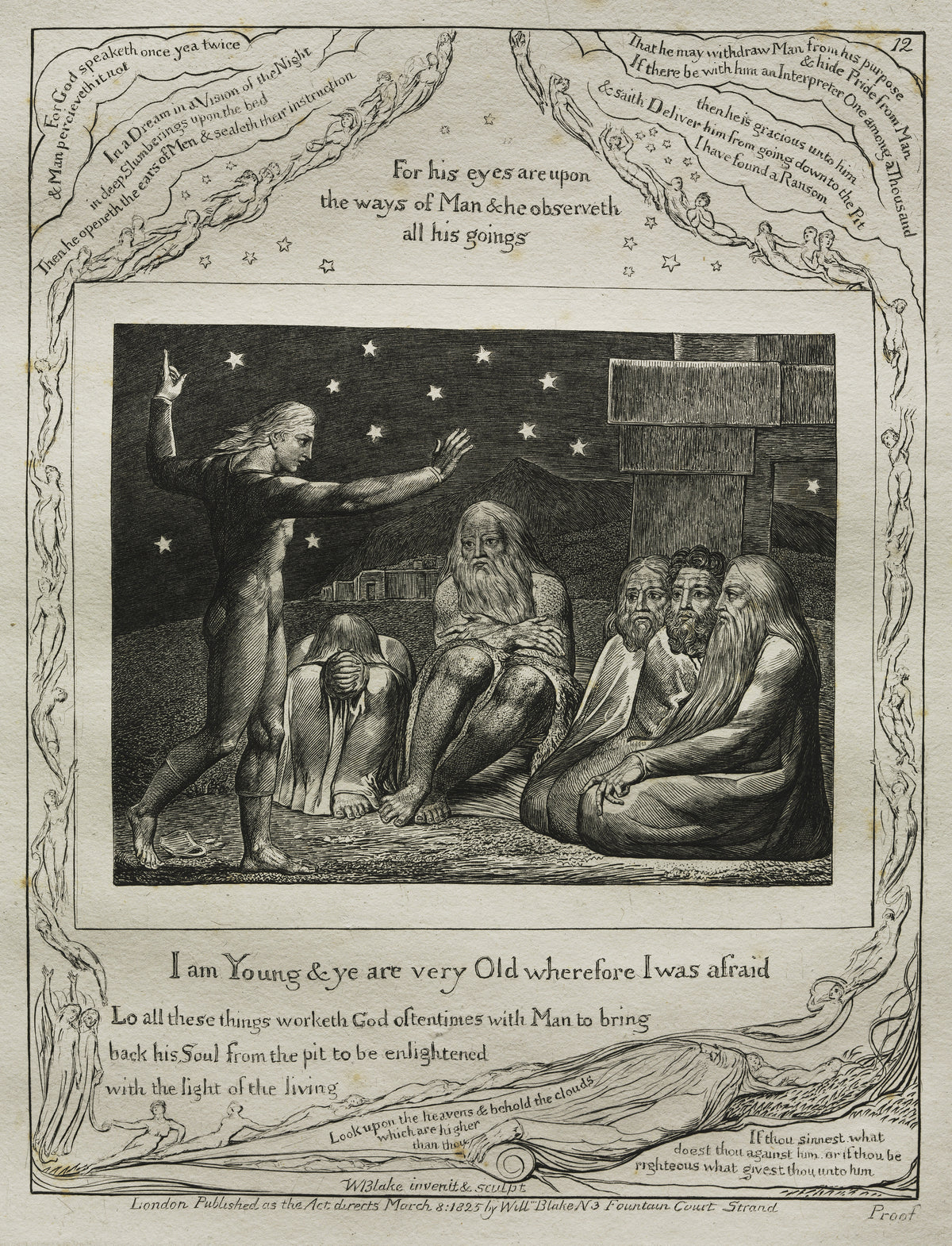 I Am Young and Ye Are Very Old (Book of Job, Plate 12) by William Blake — A young man points to the stars as Job and his friends listen