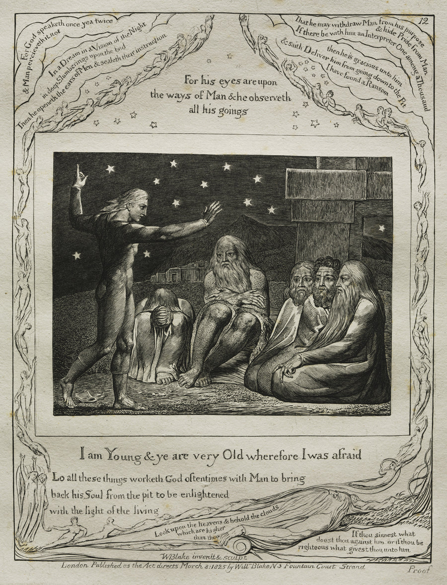 William Blake — I Am Young and Ye Are Very Old (Book of Job, Plate 12) | Engraving Print shown to scale on a wall above a sofa